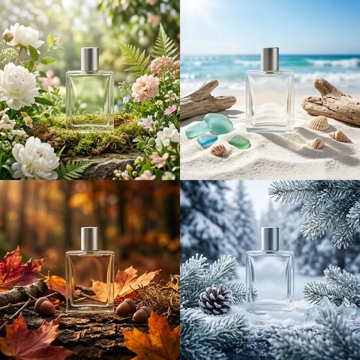 PHASE 1 - PRODUCT: [ITEM] in [MATERIAL] packaging, minimal label design
PHASE 2 - GRID: 2x2 seasonal grid, four distinct — MiraFrame AI image example