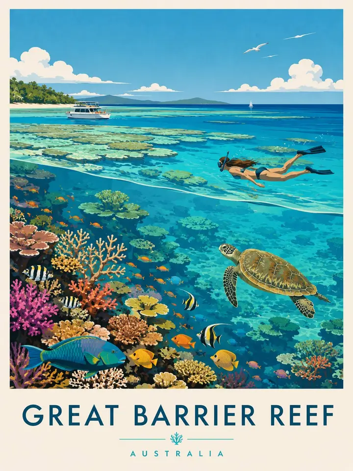 Create a premium editorial travel poster illustration of the Great Barrier Reef, Australia.
Style: Flat vector illustrat — MiraFrame AI image example