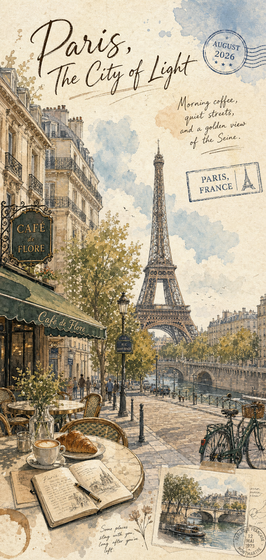 Create a polished Illustration & Art visual inspired by this concept: Travel Photo Ink-Wash Postcard. Preserve the subje — MiraFrame AI image example