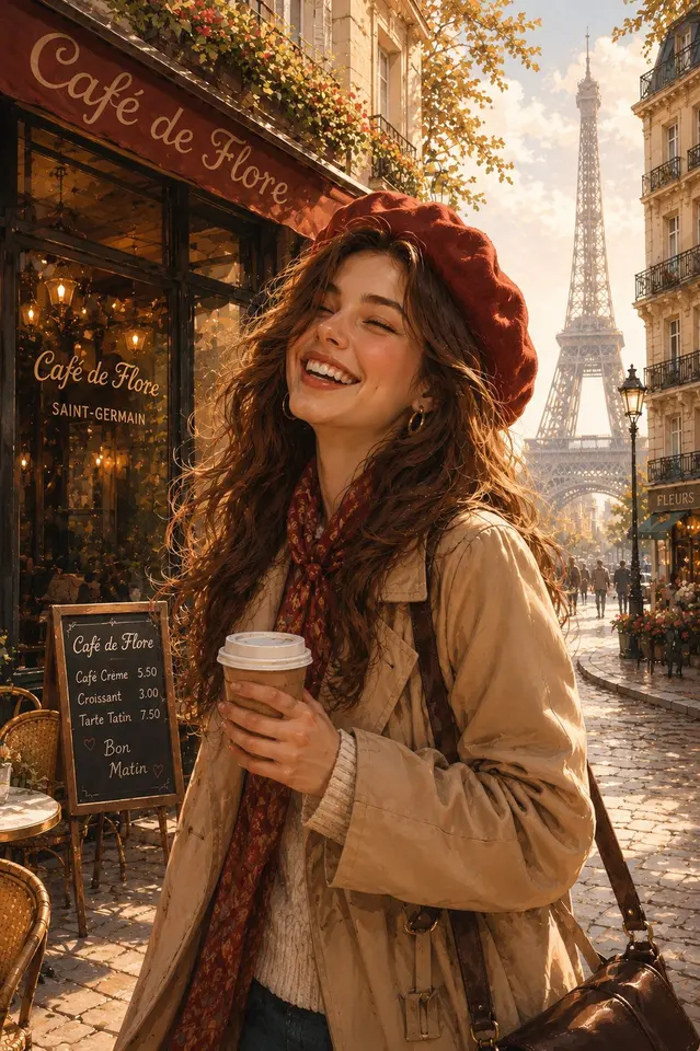 Portrait illustration in a storybook style featuring a young adult woman exploring the streets of Paris. She is laughing — MiraFrame AI image example