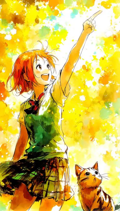 watercolor anime illustration, cheerful orange-haired girl with short messy hair, wearing a white short-sleeve shirt, gr — MiraFrame AI image example