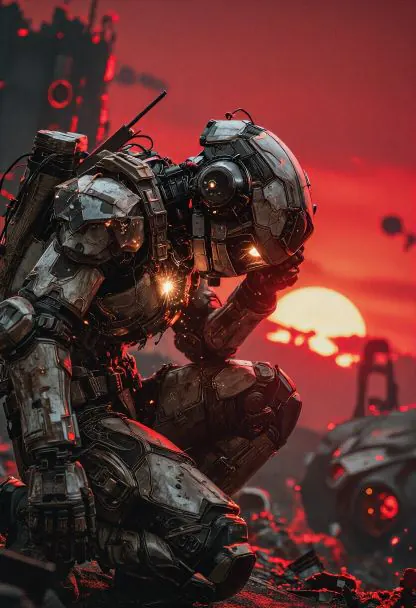 cinematic sci-fi mech warrior kneeling in a ruined battlefield, head lowered as if damaged or in standby, bulky armored  — MiraFrame AI image example
