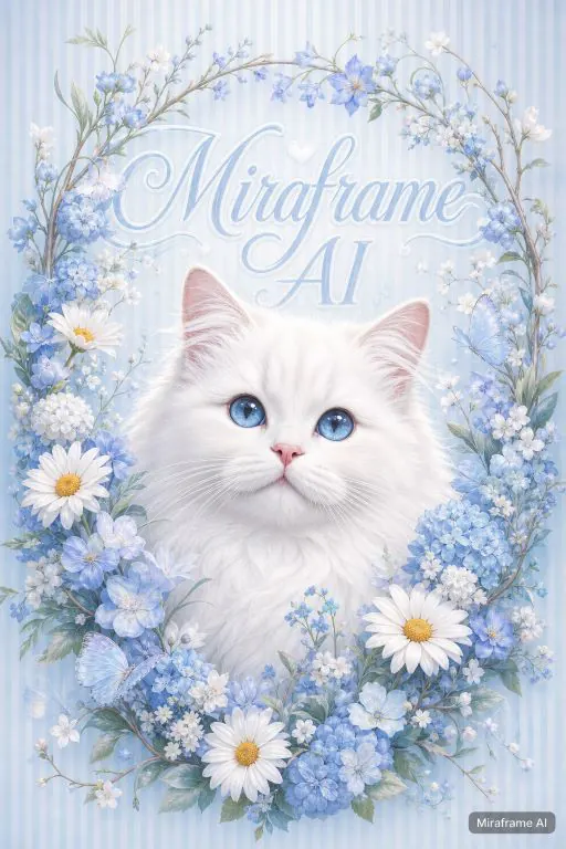A soft digital illustration of a fluffy white cat with bright blue eyes and a pink nose, surrounded by a delicate wreath — MiraFrame AI image example