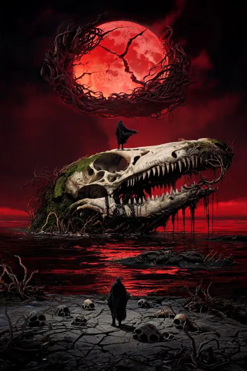 dark fantasy apocalypse illustration, under a gigantic broken crimson red moon, a colossal hollow whale skull breaches f — MiraFrame AI image example