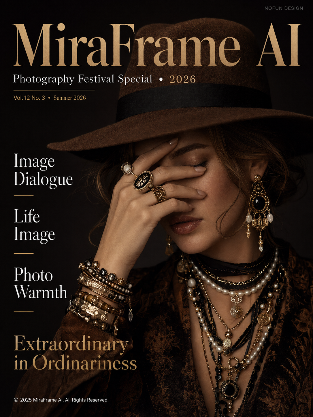 Master-level editorial magazine cover design for a fashion photography magazine titled "MiraFrame AI". Dark luxury studi — MiraFrame AI image example