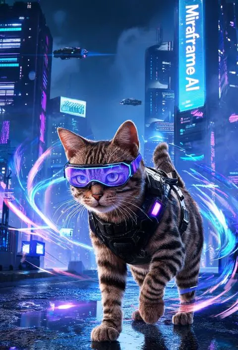 A powerful cinematic cyberpunk fashion runway scene featuring a confident tabby cat wearing high tech glowing goggles an — MiraFrame AI image example