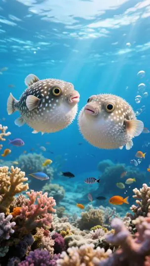 two super cute pufferfish swimming together in a bright blue ocean, mysterious charming marine creatures with round plum — MiraFrame AI image example