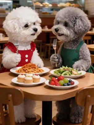An anthropomorphic white Bichon Frise wearing a red buttoned ruffled apron, and an anthropomorphic gray Bichon Frise wea — MiraFrame AI image example