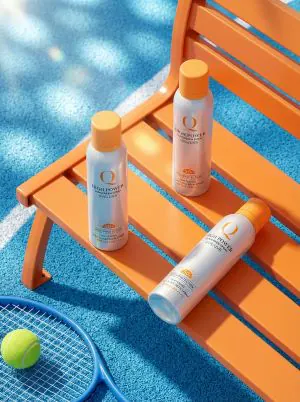 bright summer product photography, three white sunscreen spray bottles with orange caps placed on a vivid orange outdoor — MiraFrame AI image example